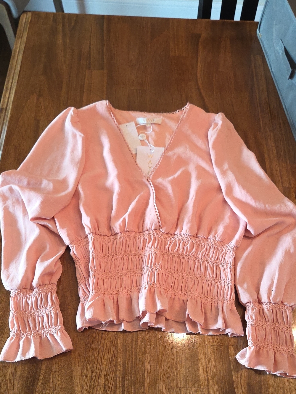 Wayf Dusty Pink Smocked V-Neck Blouse
